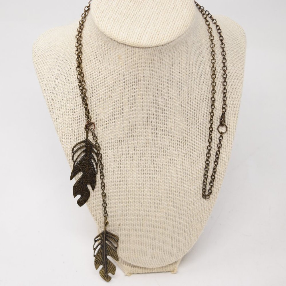 Feather Lariat Dangle Necklace Double Pendant Boho Chic Metal Casual Fashion